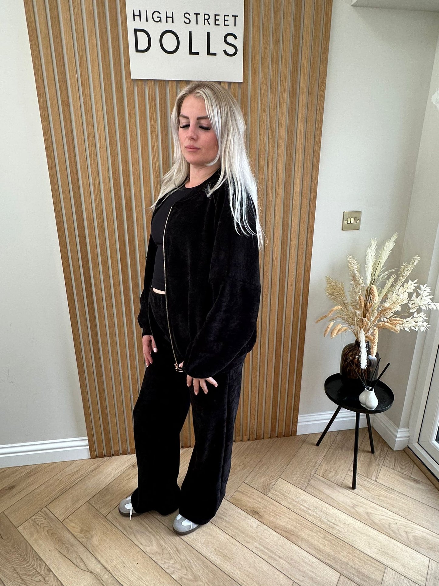 Black Hallie Bomber Style Tracksuit Two Piece Corduroy Material