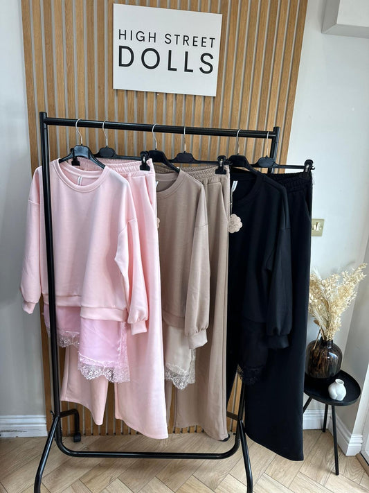 Sloane Lace Lounge Set Tracksuit T shirt with Wide leg Trousers Loungewear Two Piece Spring Summer