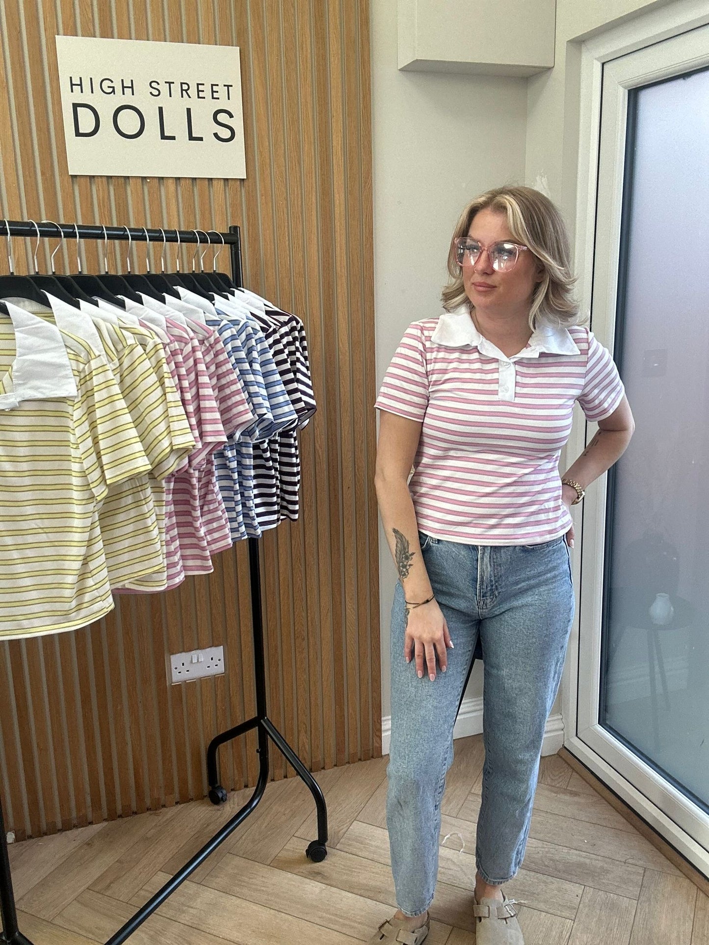 Billie Striped Rugby Top Fitted Short Sleeve T Shirt Collared Neckline Spring Summer Fashion
