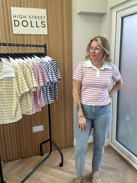 Billie Striped Rugby Top Fitted Short Sleeve T Shirt Collared Neckline Spring Summer Fashion