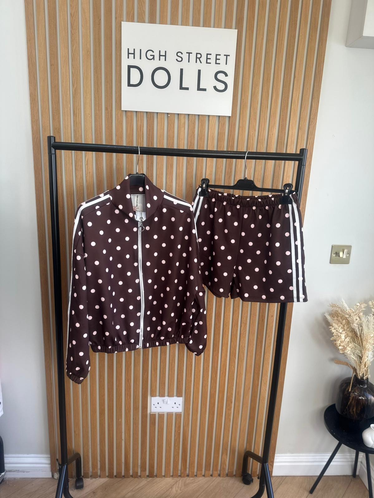 Harlo Polka Dot Print Bomber Jacket and Shorts Holiday Spring Summer Women’s two piece co-ord Trending Viral Print Stripe Detail