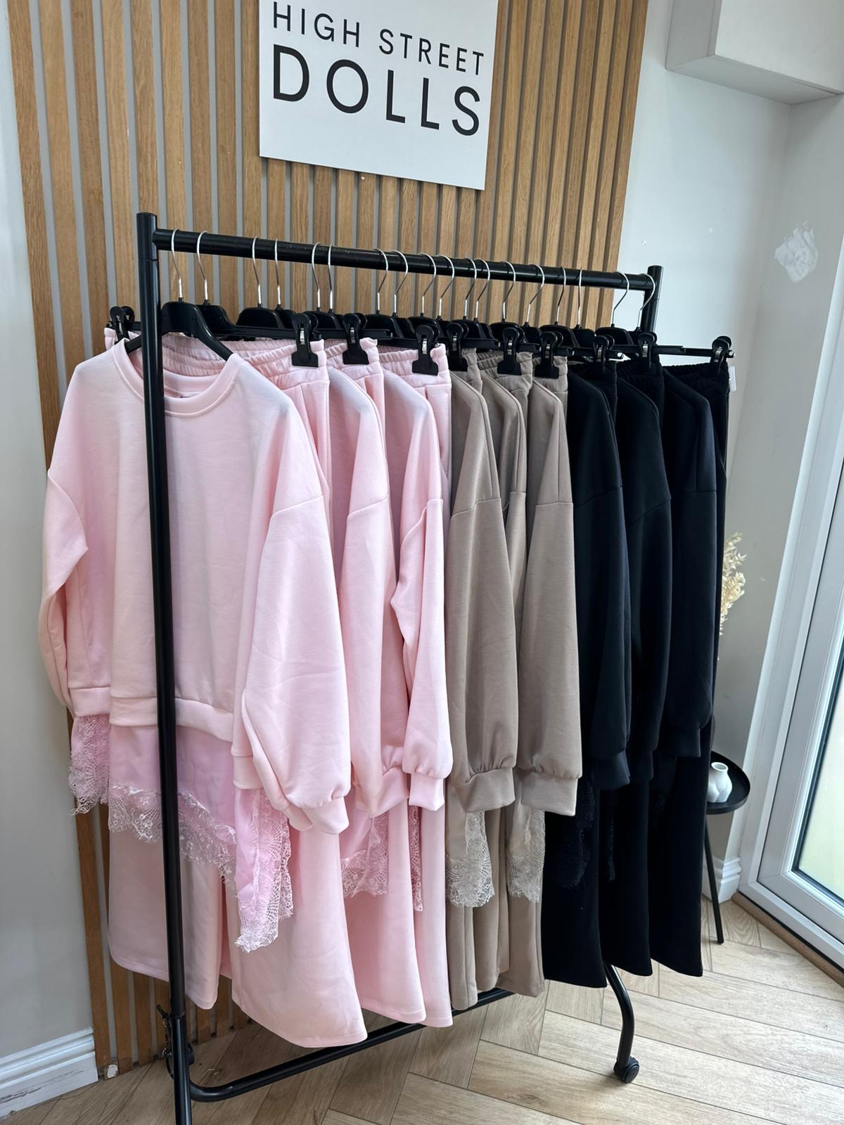 Sloane Lace Lounge Set Tracksuit T shirt with Wide leg Trousers Loungewear Two Piece Spring Summer