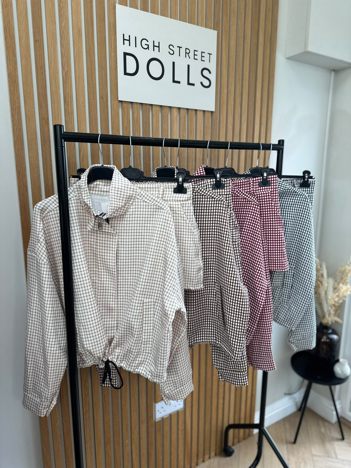Dolly Gingham Lightweight Jacket and Shorts Set – Women’s Co Ord, Two Piece, Autumn/Winter Layer with Funnel Neckline