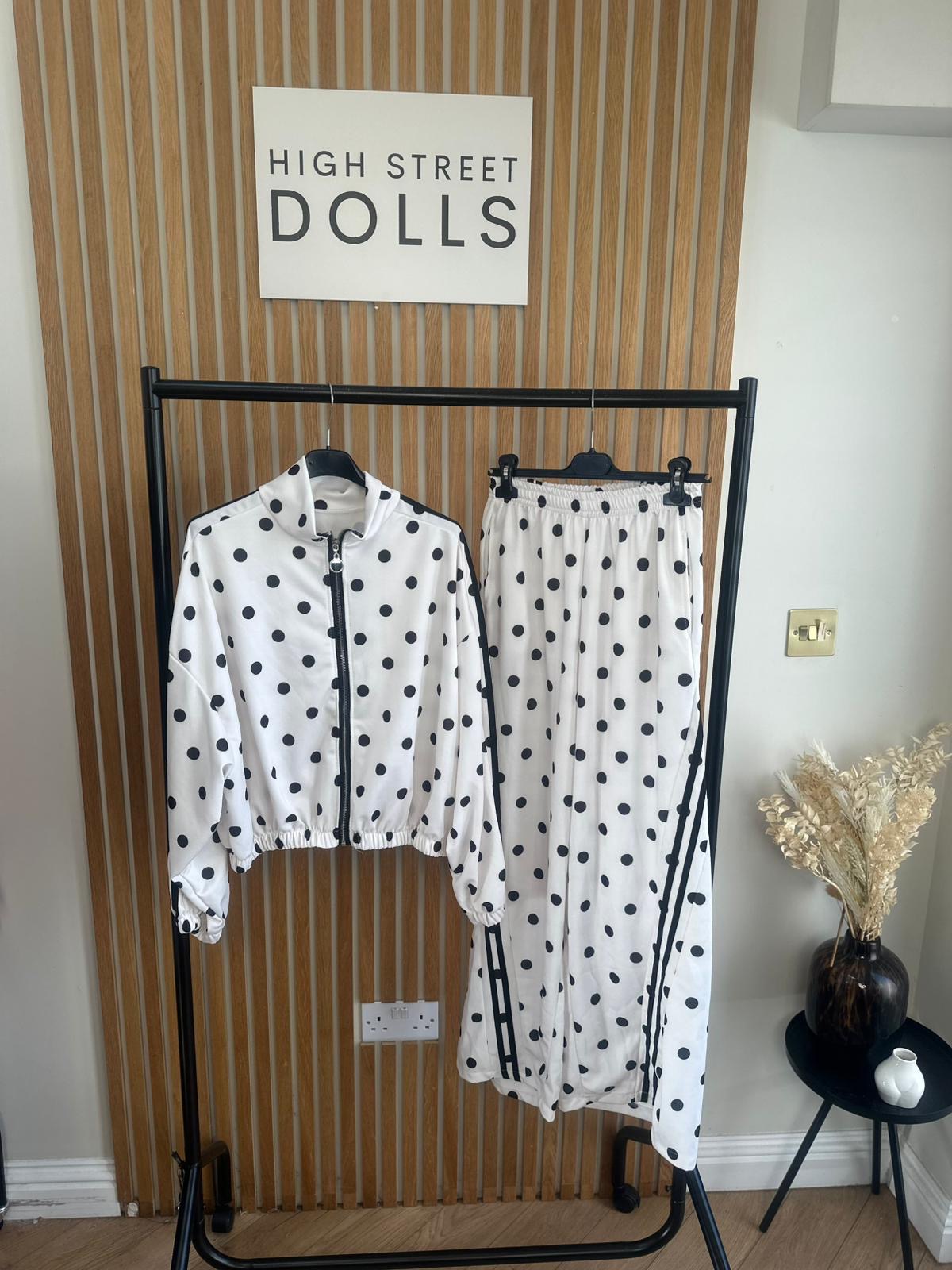 Rouge Polka Dot Bomber Jacket and Wide Leg Trousers Lounge Set Spring Summer Women’s Two Piece Co Ord Trending Viral Print Stripe Detail