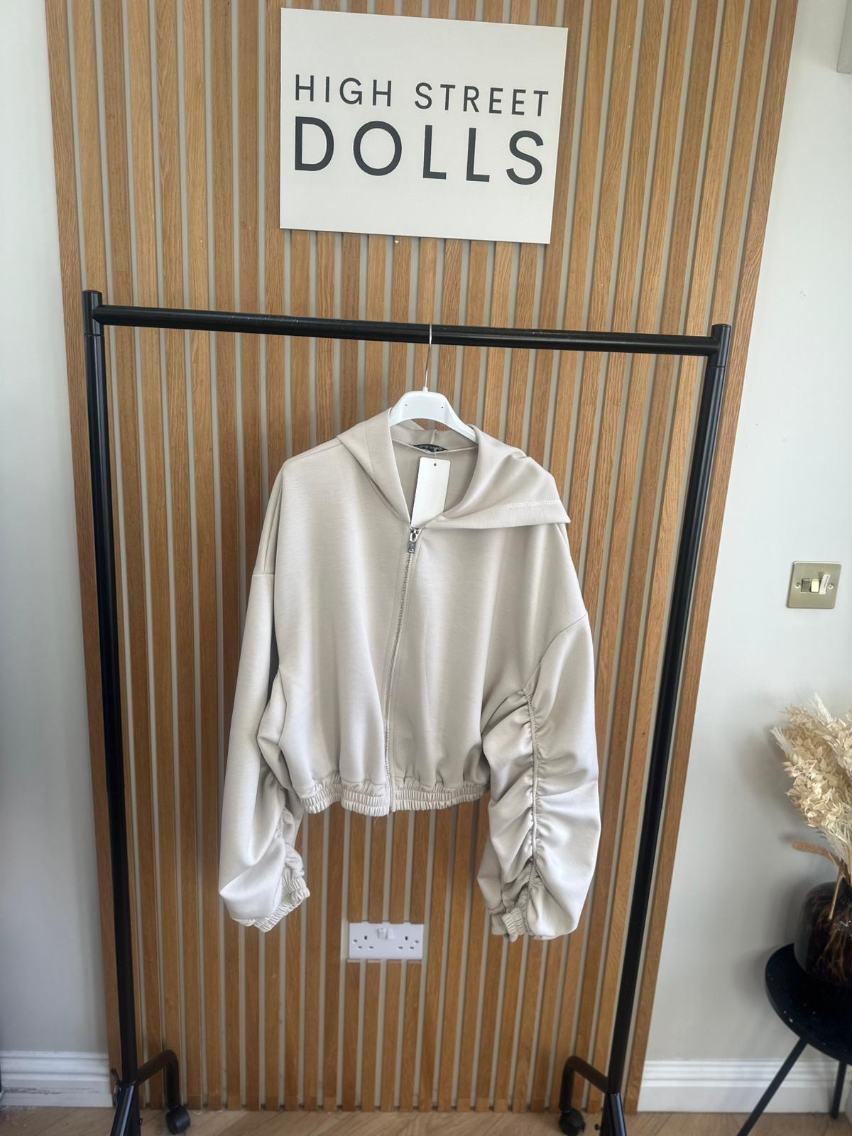 Reene Cropped Ruched Sleeve Hoodie Zip Up Jacket Jersey Spring Summer Winter