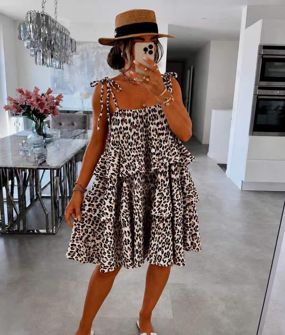 Kira Leopard Print Strap Dress Cheesecloth Ruffle Dress Gathered Short Summer Dress Holiday Beach Casual Daywear
