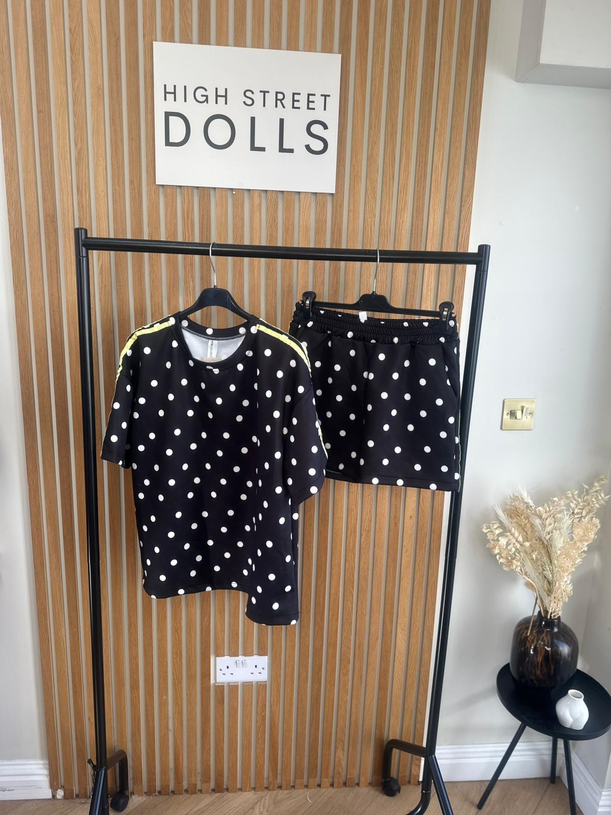 Bibi Polka Dot Print Oversized T Shirt and Shorts Holiday Spring Summer Women’s two piece co-ord Trending Viral Print Stripe Detail