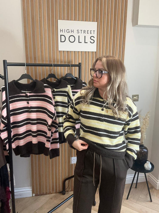 Livia Knitted Jumper Stripe Knitwear Button Up with Collar Autumn Winter Quarter Sweater Pullover