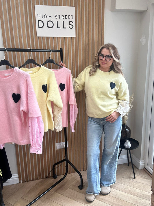 Valentina Knitted Jumper With Shirt Sleeves Round Neckline Heart Detail Knitwear Winter Spring