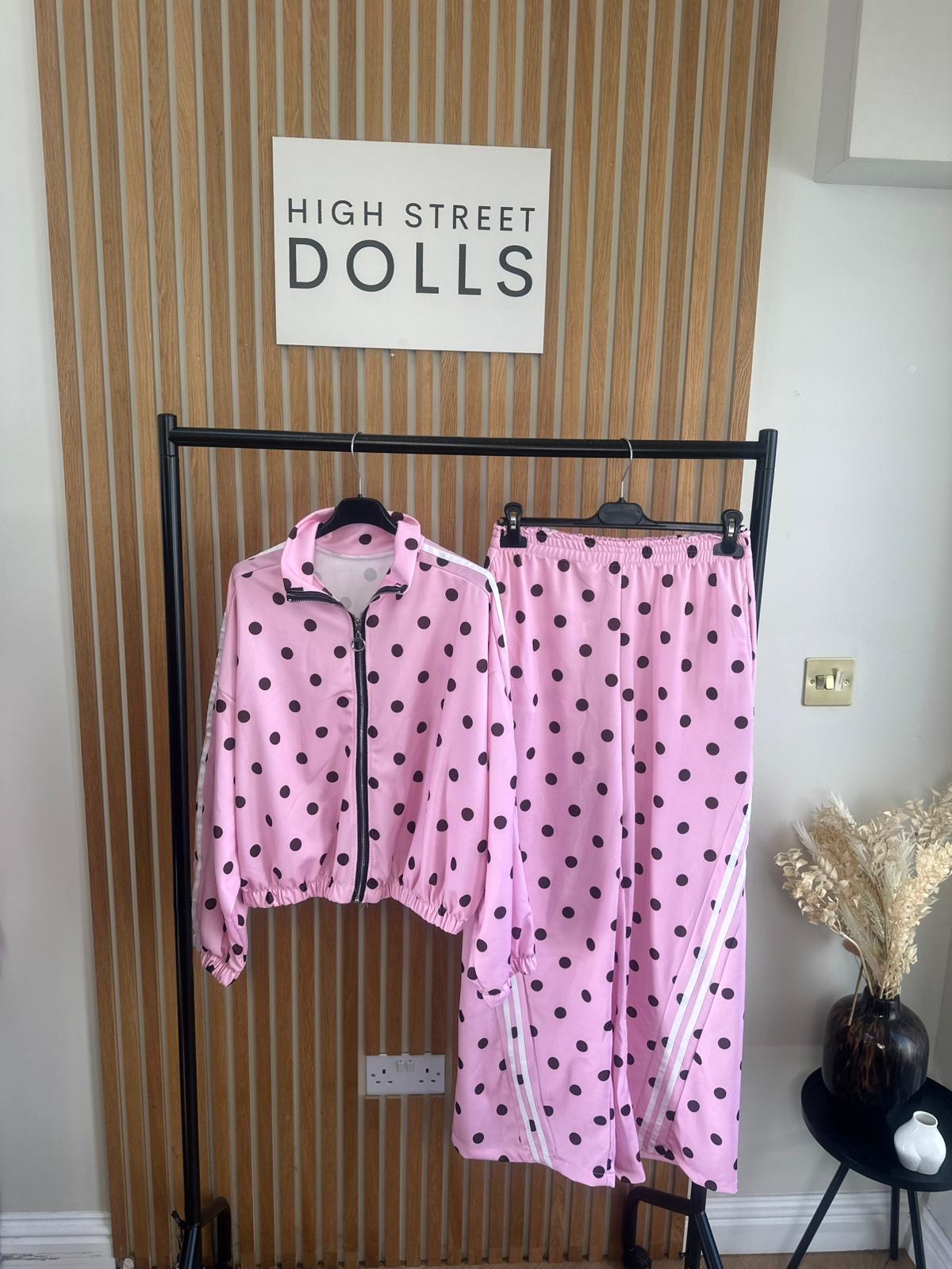 Rouge Polka Dot Bomber Jacket and Wide Leg Trousers Lounge Set Spring Summer Women’s Two Piece Co Ord Trending Viral Print Stripe Detail