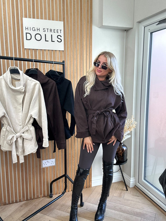 Kiera Suedette Belted Funnel Neck Button-Down Jacket – Autumn/Winter