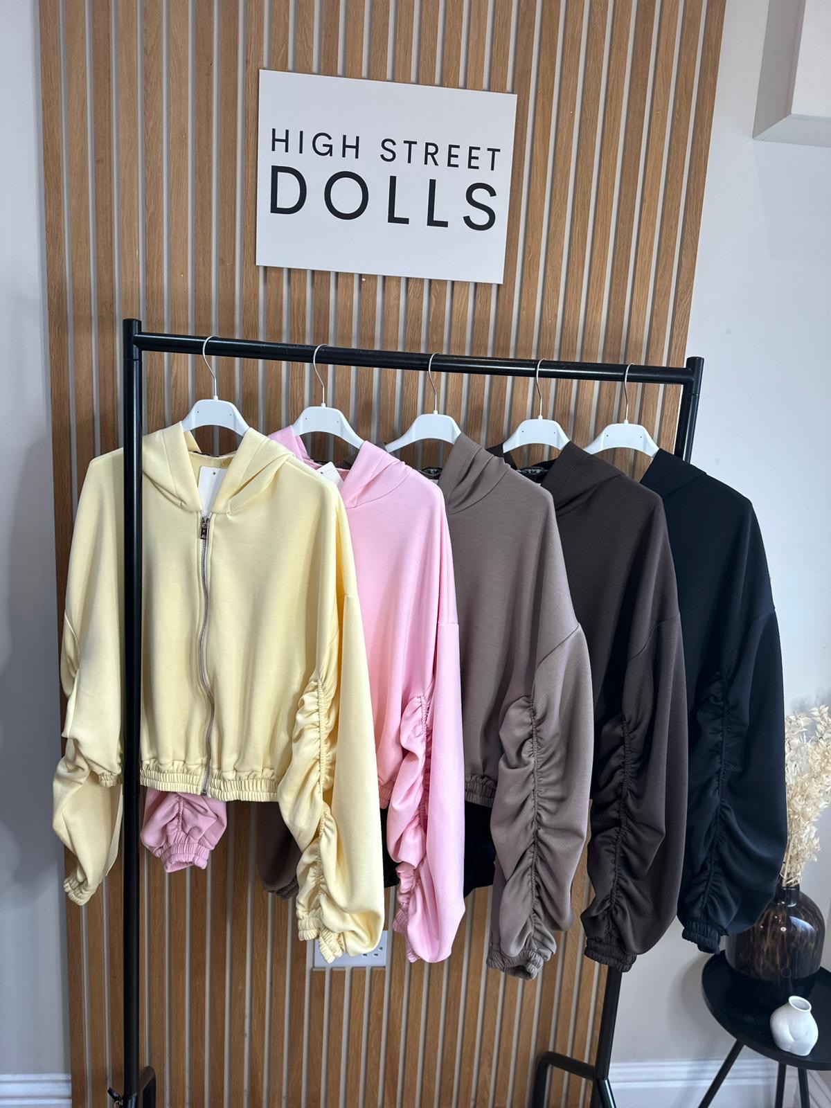 Reene Cropped Ruched Sleeve Hoodie Zip Up Jacket Jersey Spring Summer Winter