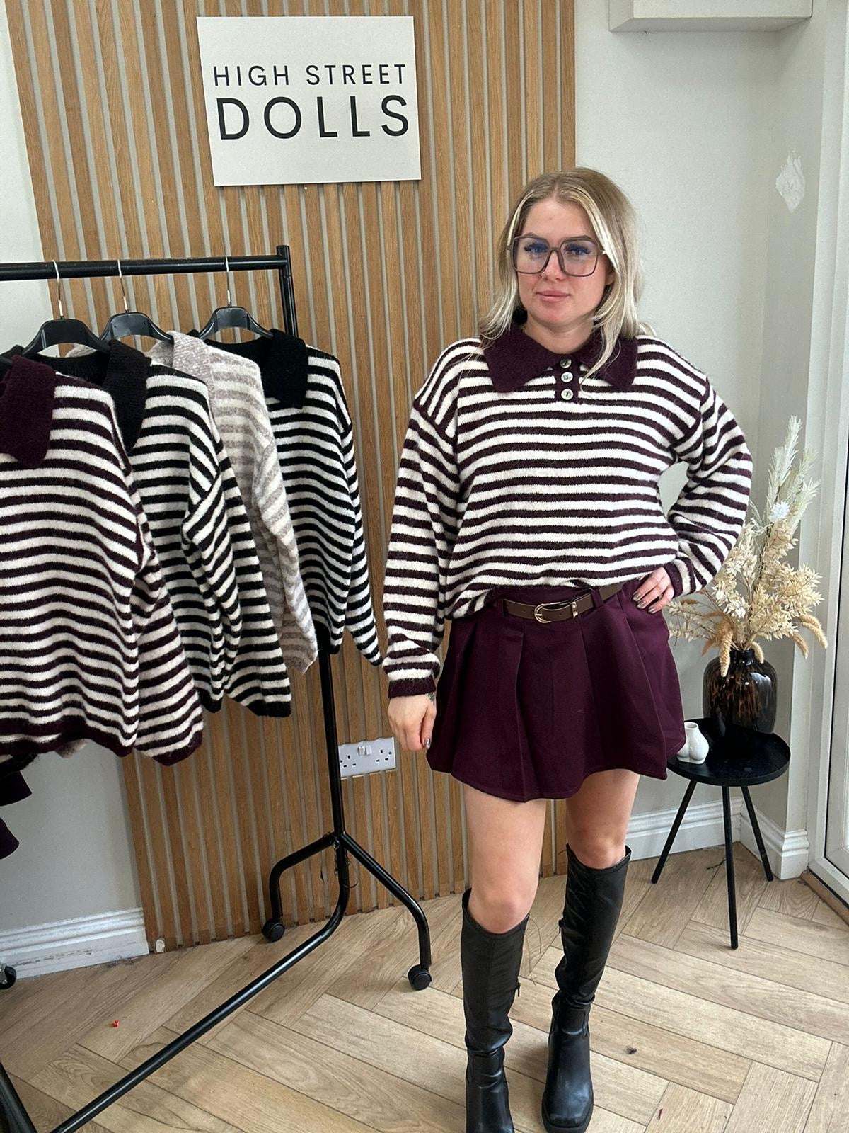 Sara Knitted Jumper Stripe Detail Slouchy Knitwear Button Up with Collar Autumn Winter