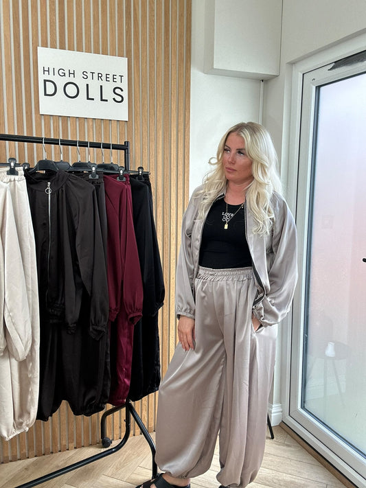 Blair Satin Harem Tracksuit Two-Piece Bomber Jacket Style Co-Ord, Silky Satin Material Autumn Loungewear