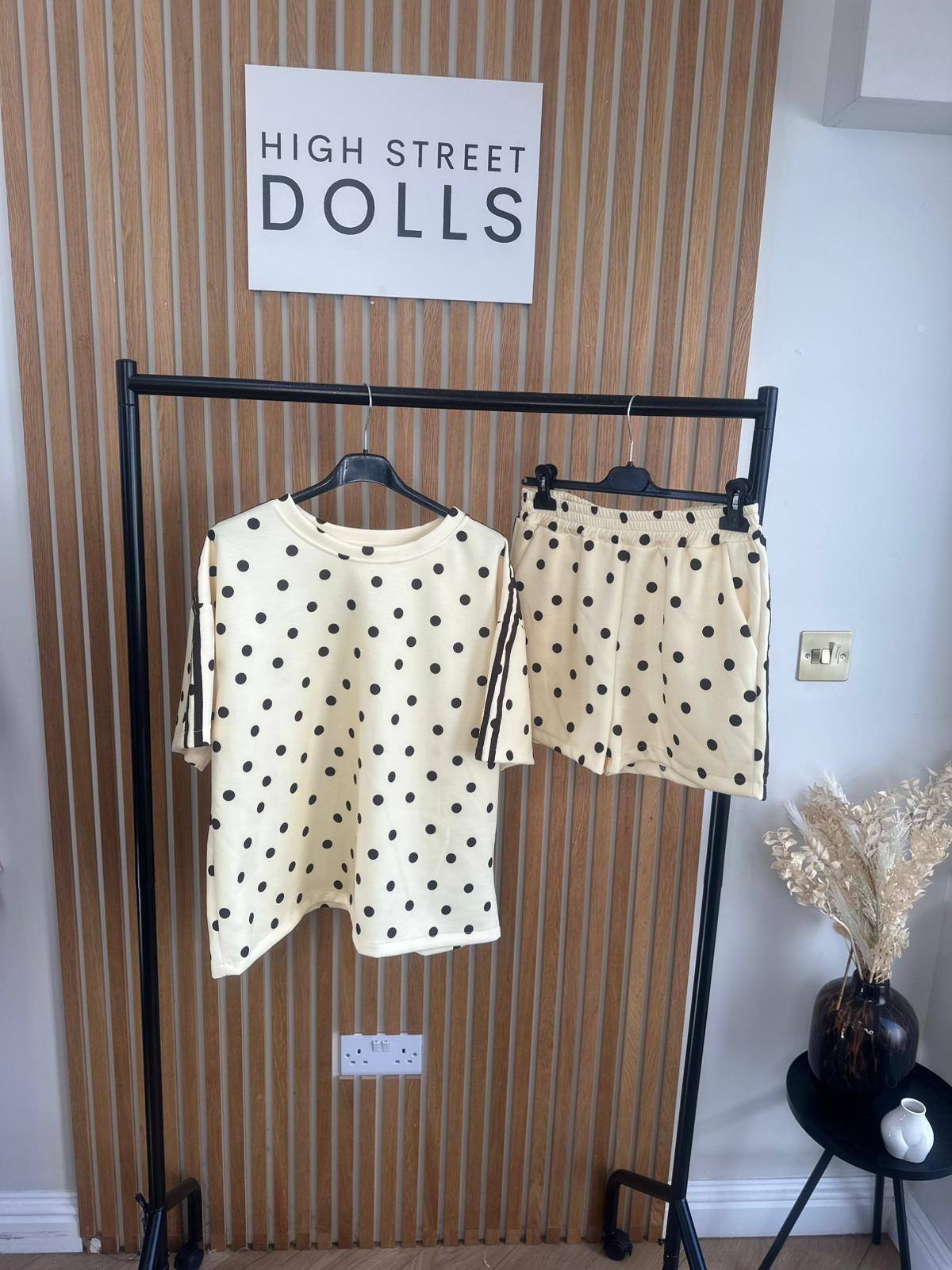 Bibi Polka Dot Print Oversized T Shirt and Shorts Holiday Spring Summer Women’s two piece co-ord Trending Viral Print Stripe Detail