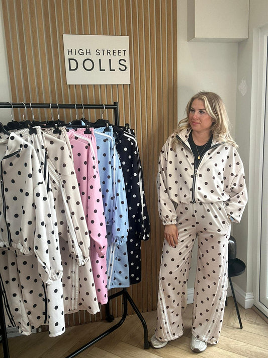 Rouge Polka Dot Bomber Jacket and Wide Leg Trousers Lounge Set Spring Summer Women’s Two Piece Co Ord Trending Viral Print Stripe Detail