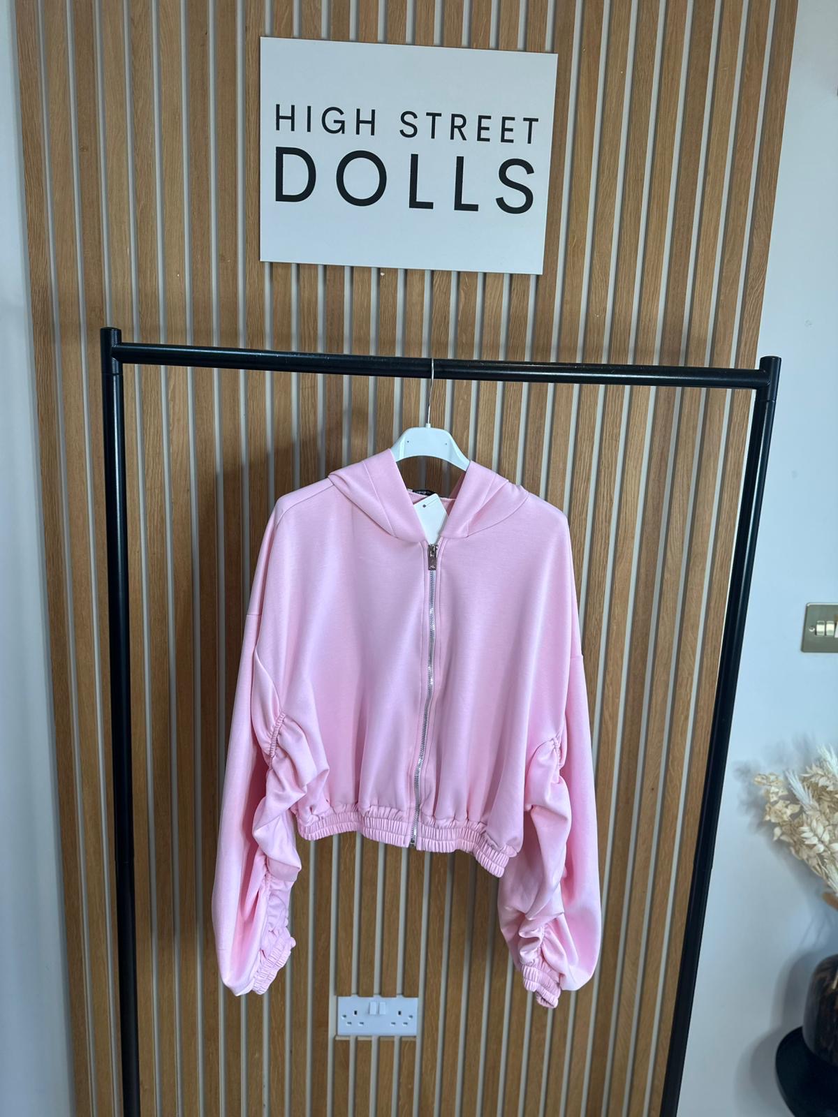 Reene Cropped Ruched Sleeve Hoodie Zip Up Jacket Jersey Spring Summer Winter