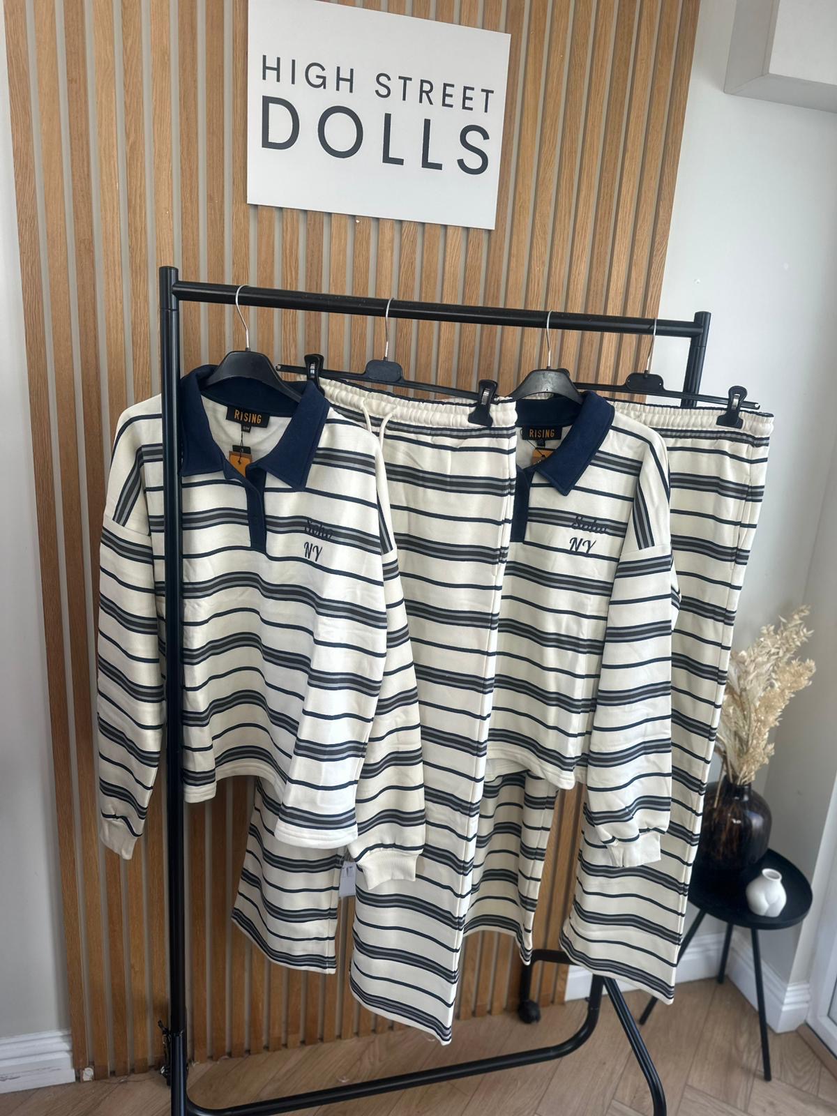 Elodie Stripe Lounge Set Cream and Navy Co Ord Rugby Top and Trousers Long Sleeve Loungewear Two Piece Spring Summer Denim Details