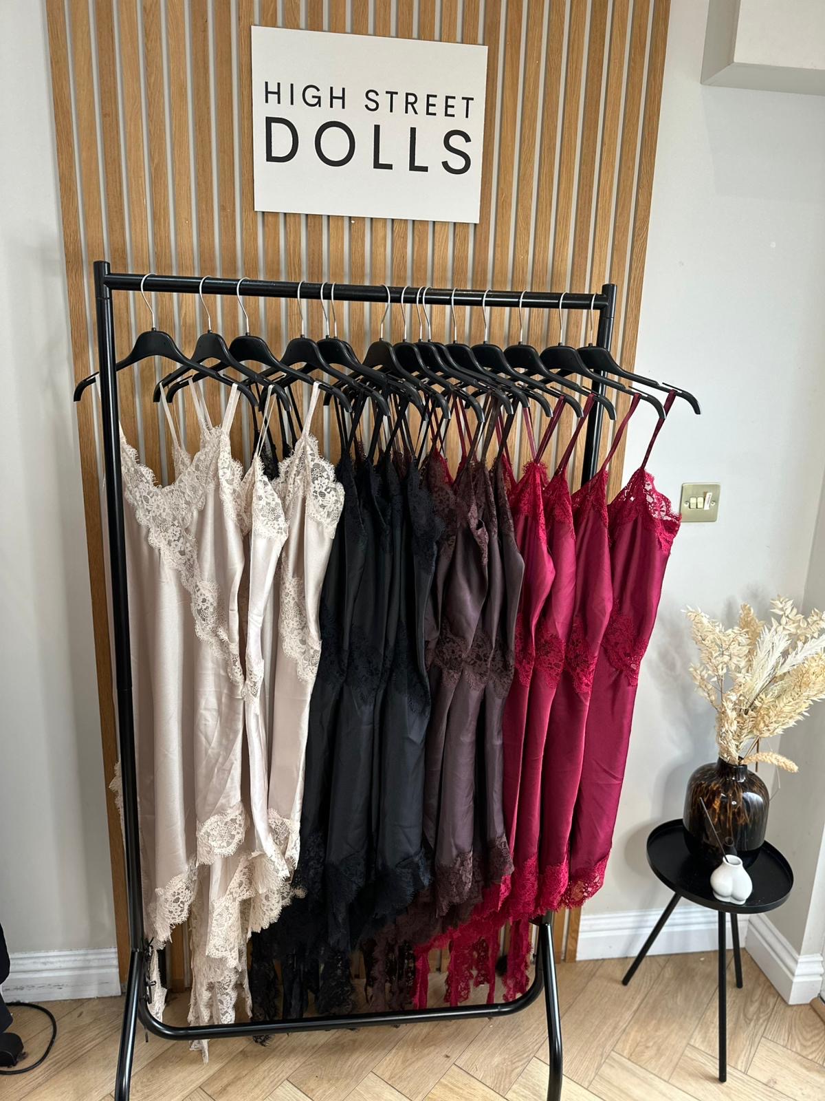 Florence Satin Slip Dress Lace Trim Spaghetti Strap Autumn Winter Christmas Party Festive