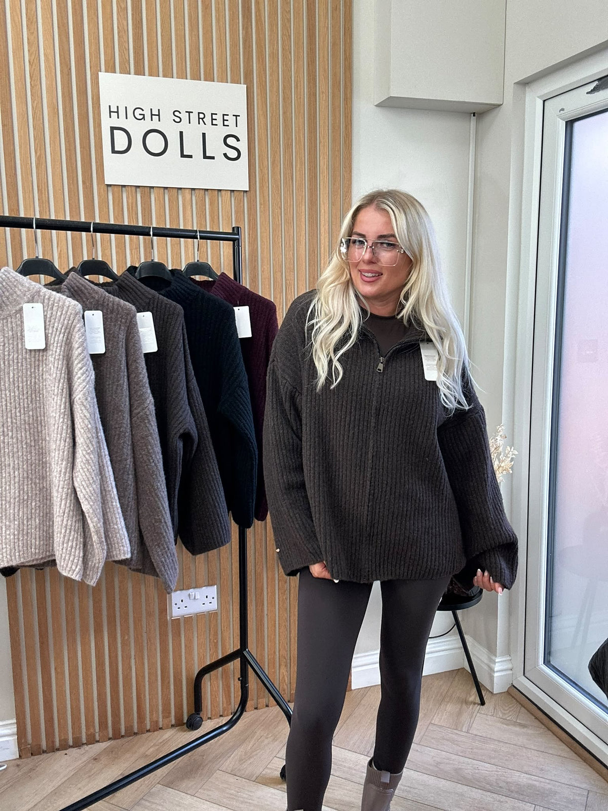 Emily Oversized Knitted Zip-Up Cardigan with Bell Sleeves & Funnel Neckline – Autumn Winter Knitwear