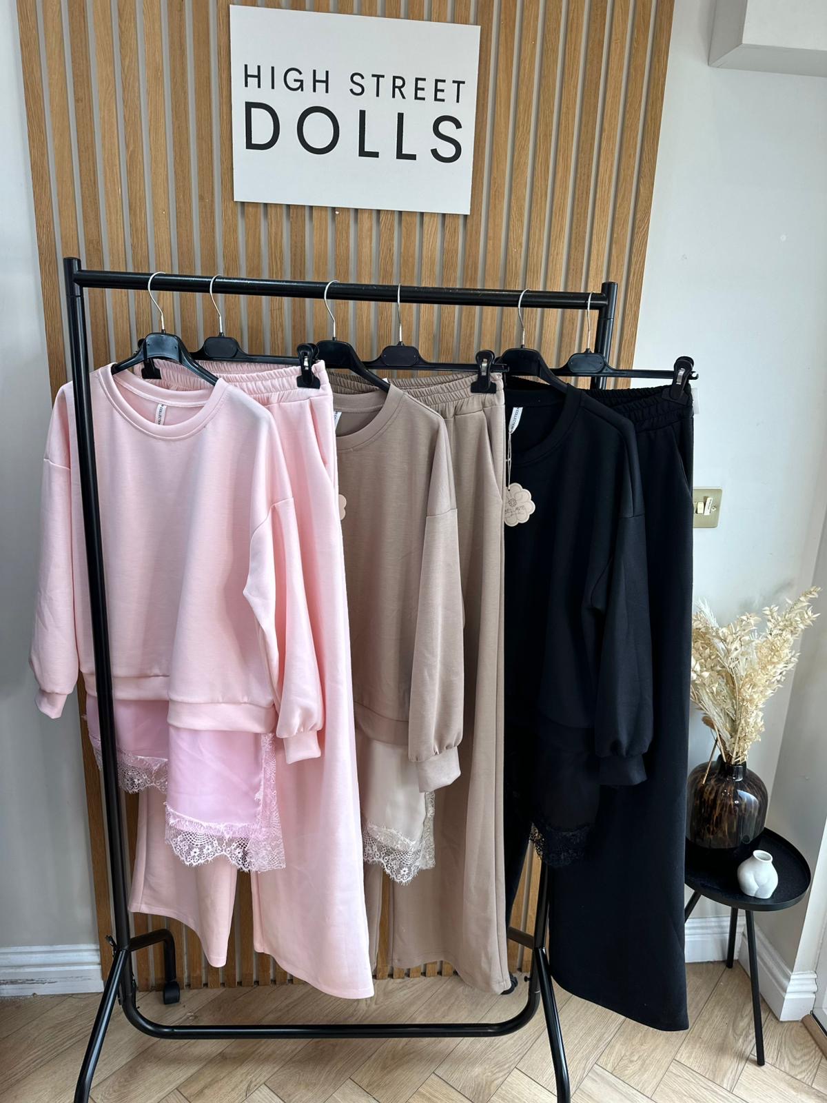 Sloane Lace Lounge Set Tracksuit T shirt with Wide leg Trousers Loungewear Two Piece Spring Summer