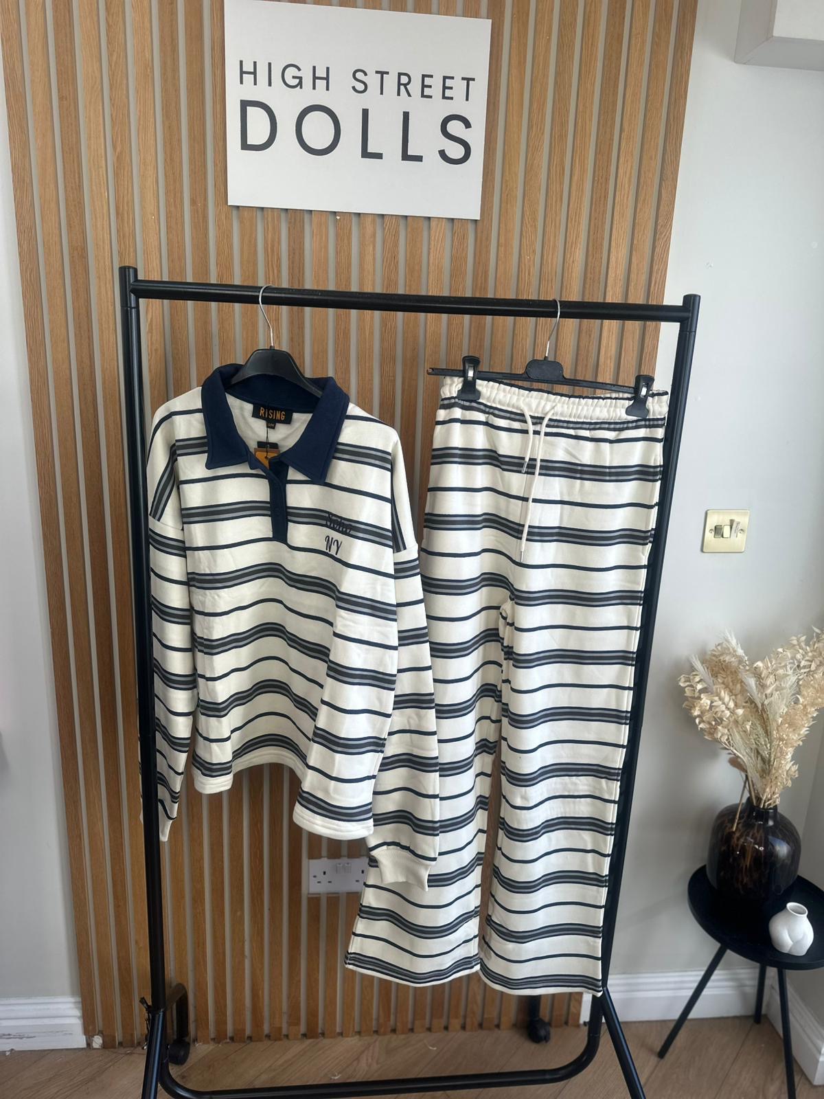 Elodie Stripe Lounge Set Cream and Navy Co Ord Rugby Top and Trousers Long Sleeve Loungewear Two Piece Spring Summer Denim Details