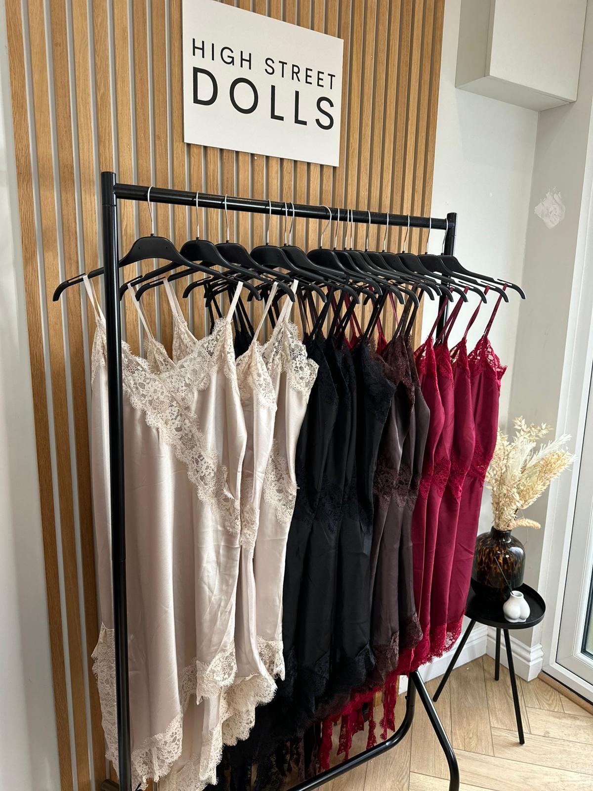 Florence Satin Slip Dress Lace Trim Spaghetti Strap Autumn Winter Christmas Party Festive