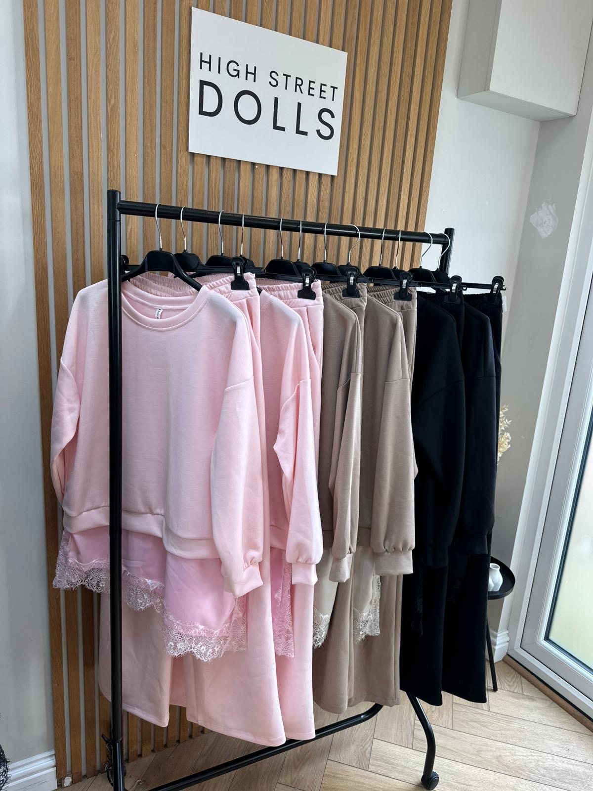 Sloane Lace Lounge Set Tracksuit T shirt with Wide leg Trousers Loungewear Two Piece Spring Summer