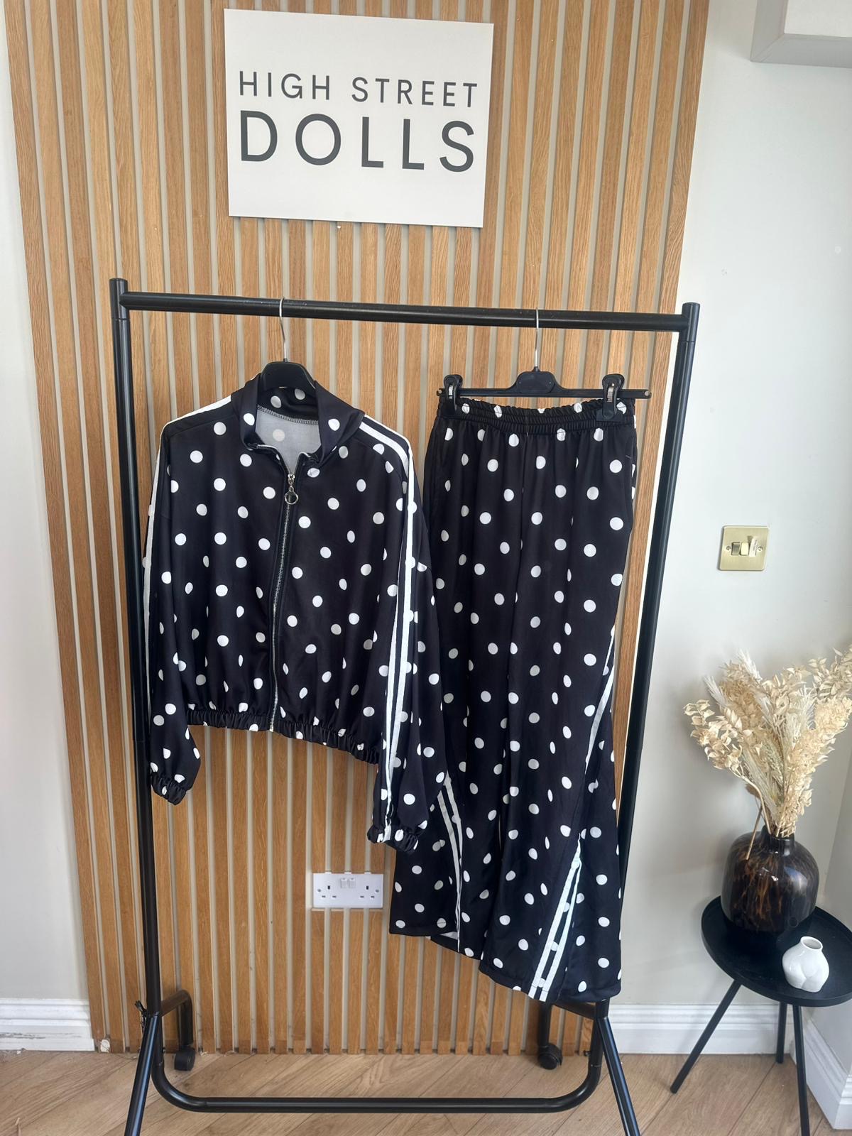 Rouge Polka Dot Bomber Jacket and Wide Leg Trousers Lounge Set Spring Summer Women’s Two Piece Co Ord Trending Viral Print Stripe Detail