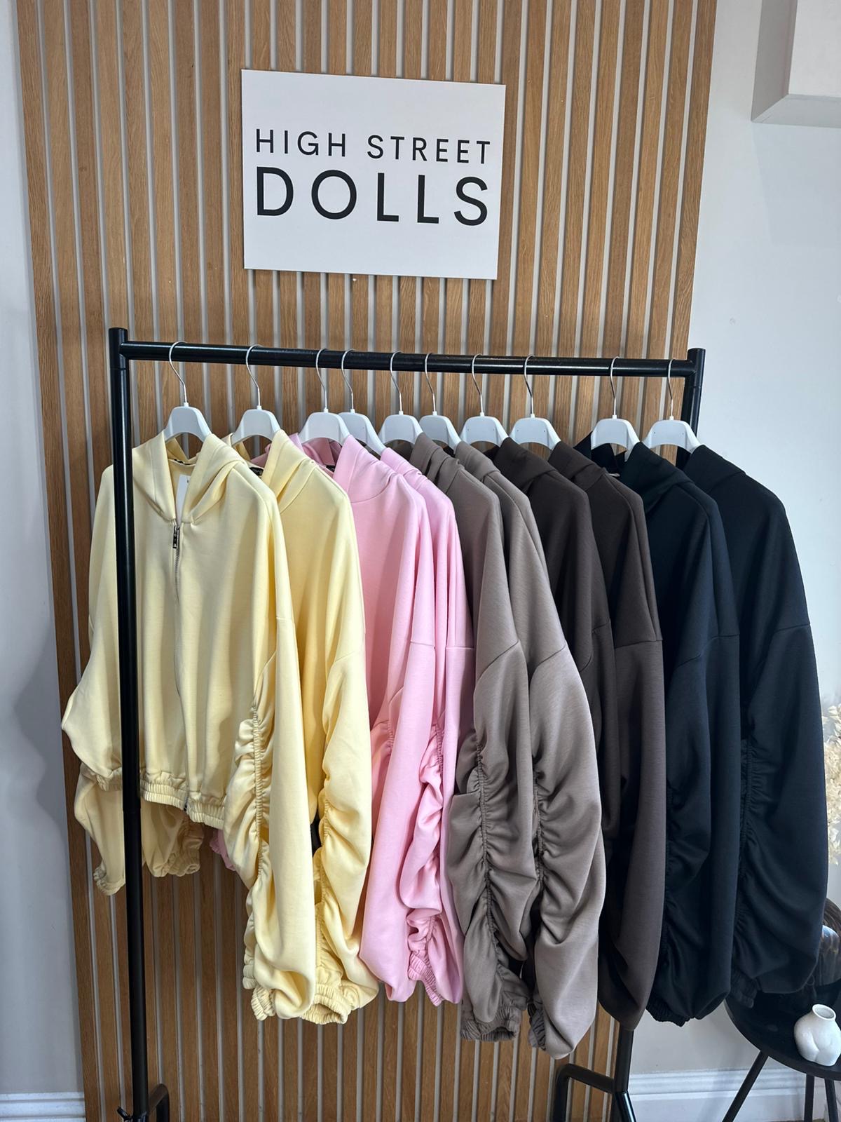 Reene Cropped Ruched Sleeve Hoodie Zip Up Jacket Jersey Spring Summer Winter