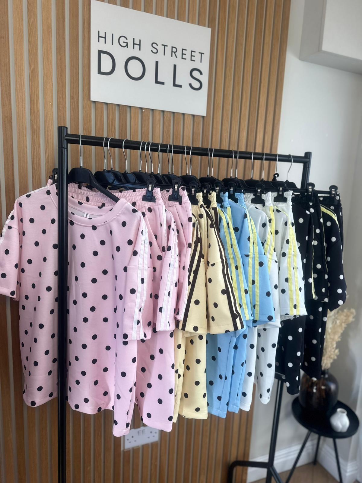 Bibi Polka Dot Print Oversized T Shirt and Shorts Holiday Spring Summer Women’s two piece co-ord Trending Viral Print Stripe Detail