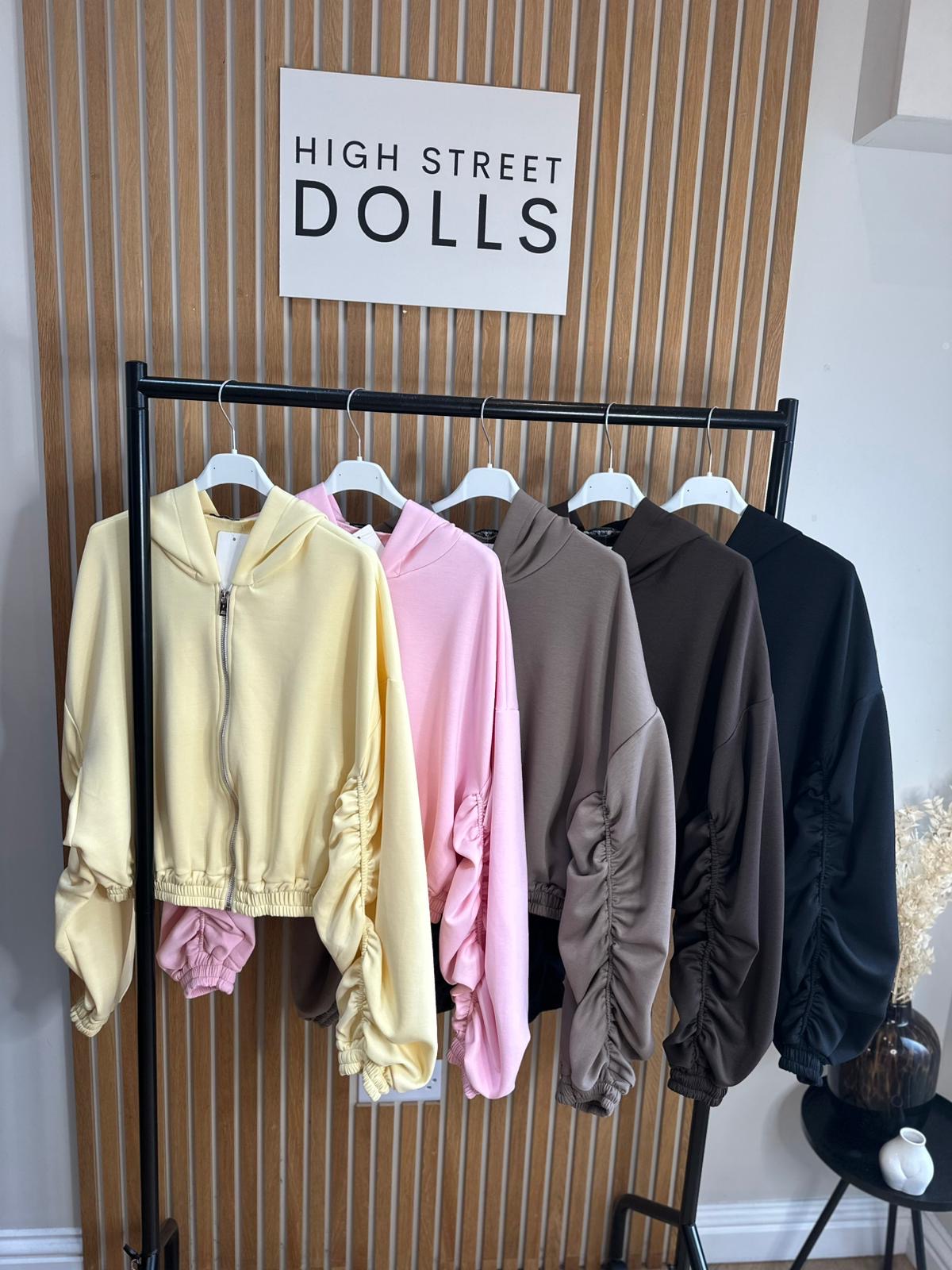 Reene Cropped Ruched Sleeve Hoodie Zip Up Jacket Jersey Spring Summer Winter