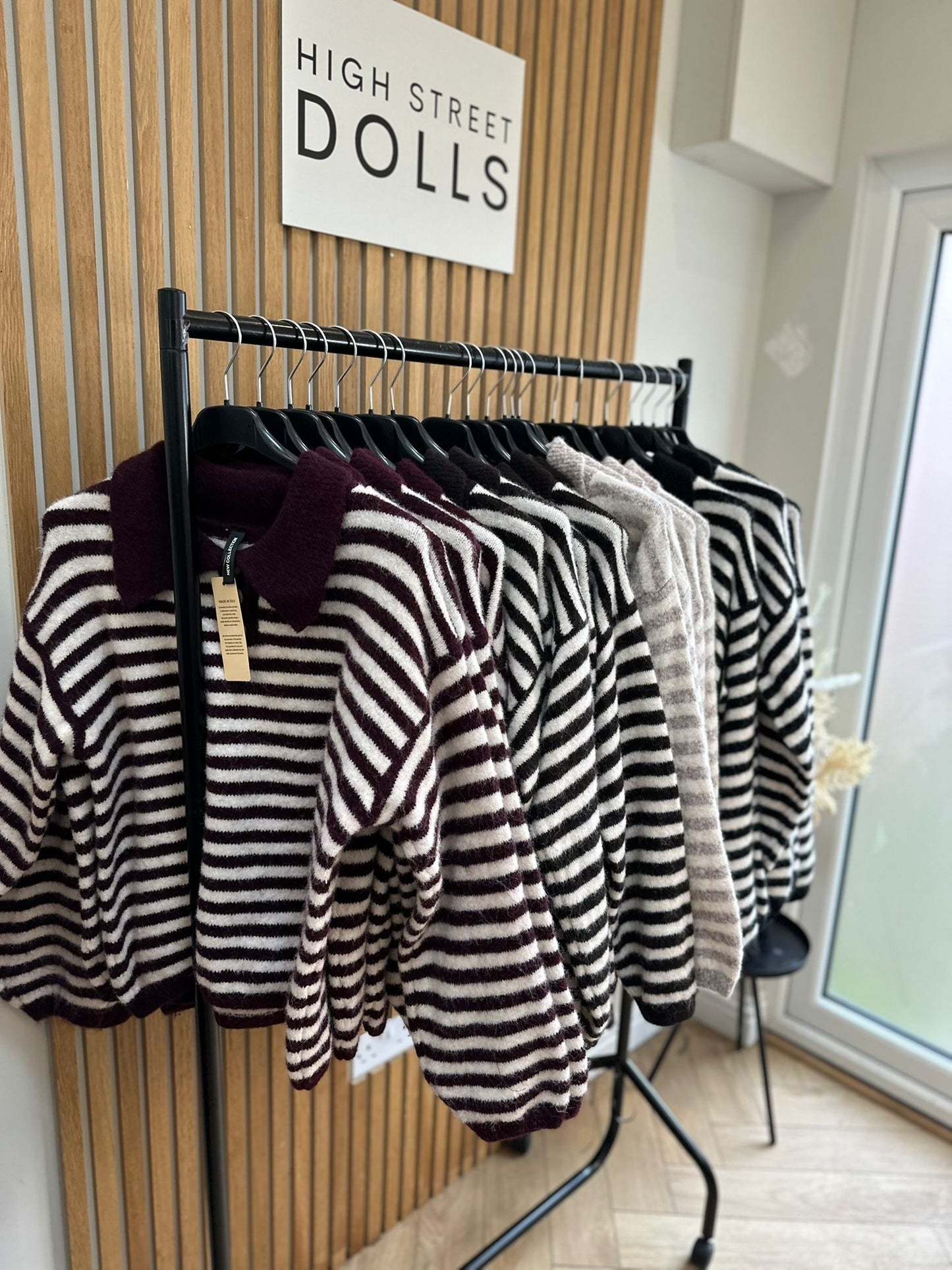 Sara Knitted Jumper Stripe Detail Slouchy Knitwear Button Up with Collar Autumn Winter