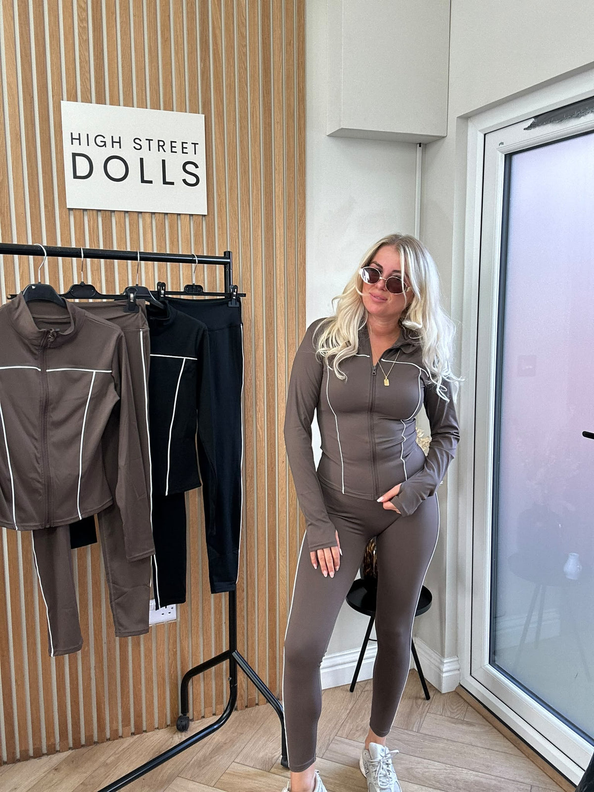 Alora Fitted Lycra Gym Set | Zip-Up Jacket & Leggings with White Piping Detail
