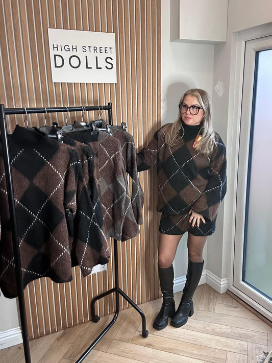 Tammy Jumper and Skirt Set Diamond Check Autumn Winter Outfit Co Ord Two Piece Christmas Festive Checkered Knitwear