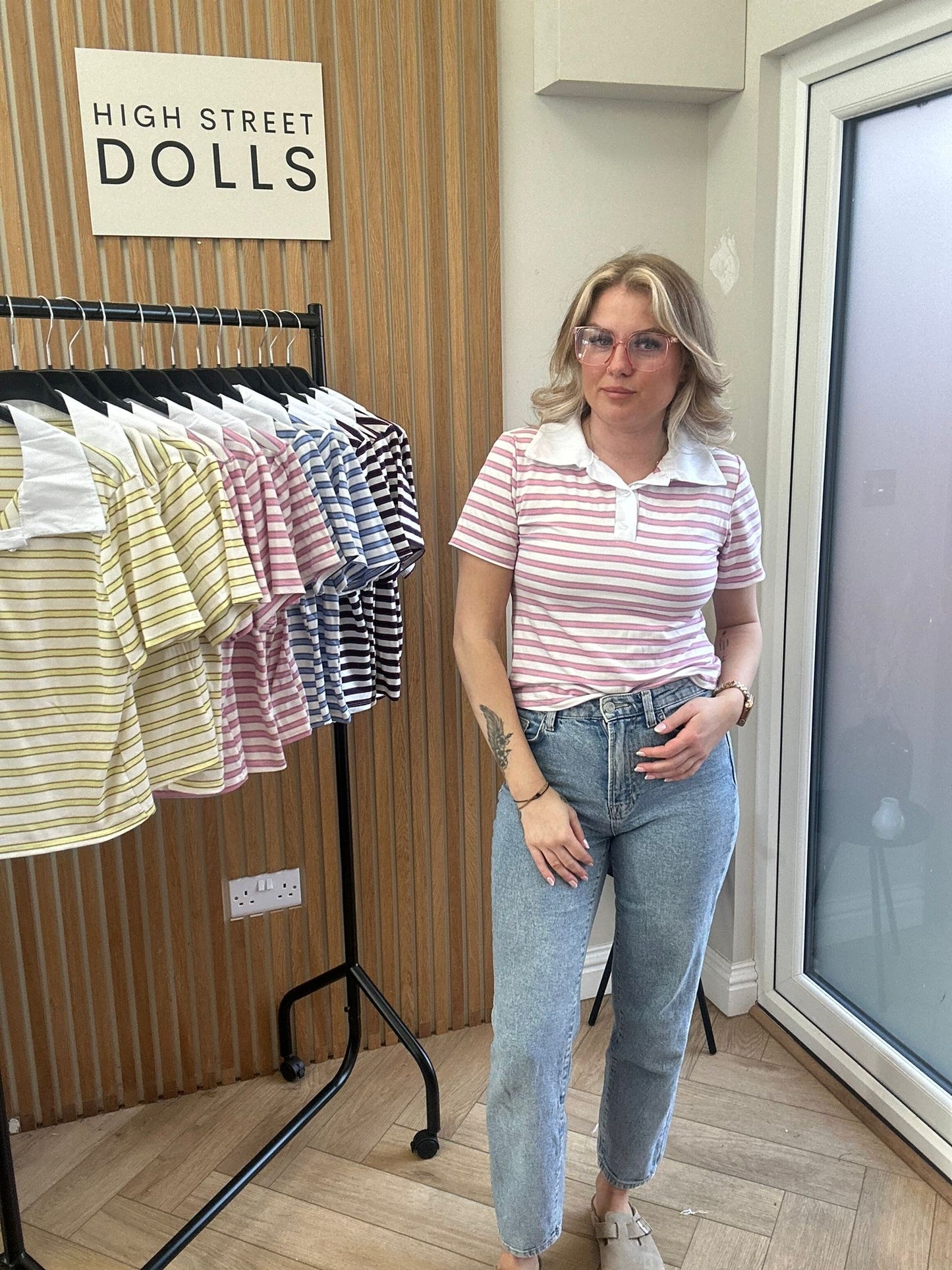 Billie Striped Rugby Top Fitted Short Sleeve T Shirt Collared Neckline Spring Summer Fashion