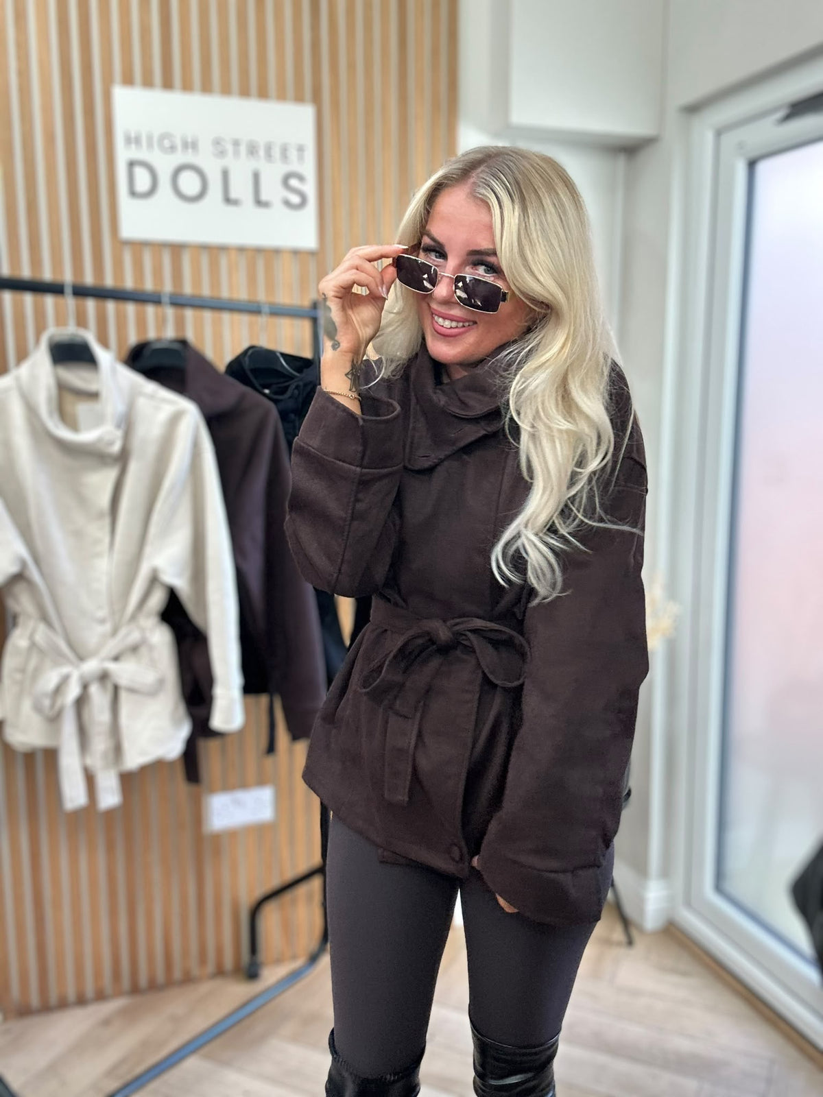 Kiera Suedette Belted Funnel Neck Button-Down Jacket – Autumn/Winter