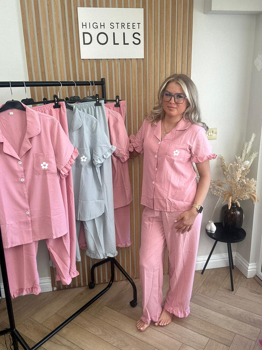 Women’s Pyjamas Set Short Sleeves Trousers Ruffle Details Floral Print Button Down PJs