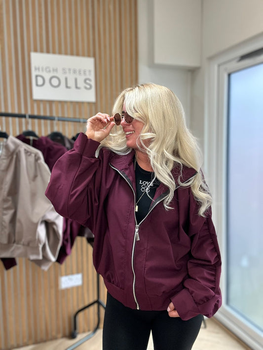 Darcy Ruched Sleeve Bomber Jacket Women’s Autumn Winter Zip Up Jacket