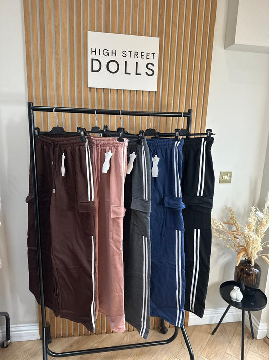 Blaire Stripe Wide Leg Joggers Combat Pocket Jersey Trousers Autumn Winter