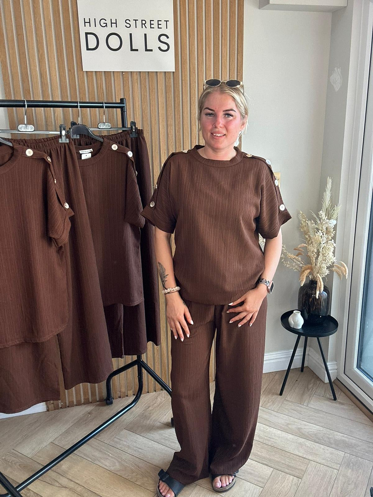 Sadie Crinkle Lounge Set Round Neck Top Shirt with Wide Leg Trousers