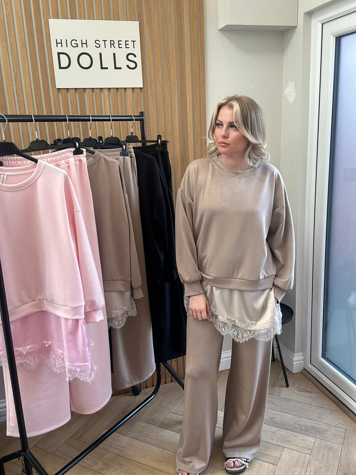 Sloane Lace Lounge Set Tracksuit T shirt with Wide leg Trousers Loungewear Two Piece Spring Summer