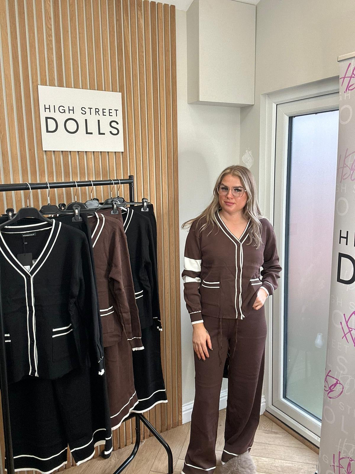 Hadley Knitted Slogan Lounge Set V Neck Cardigan Wide Leg Co Ord Autumn Winter Christmas Knitwear