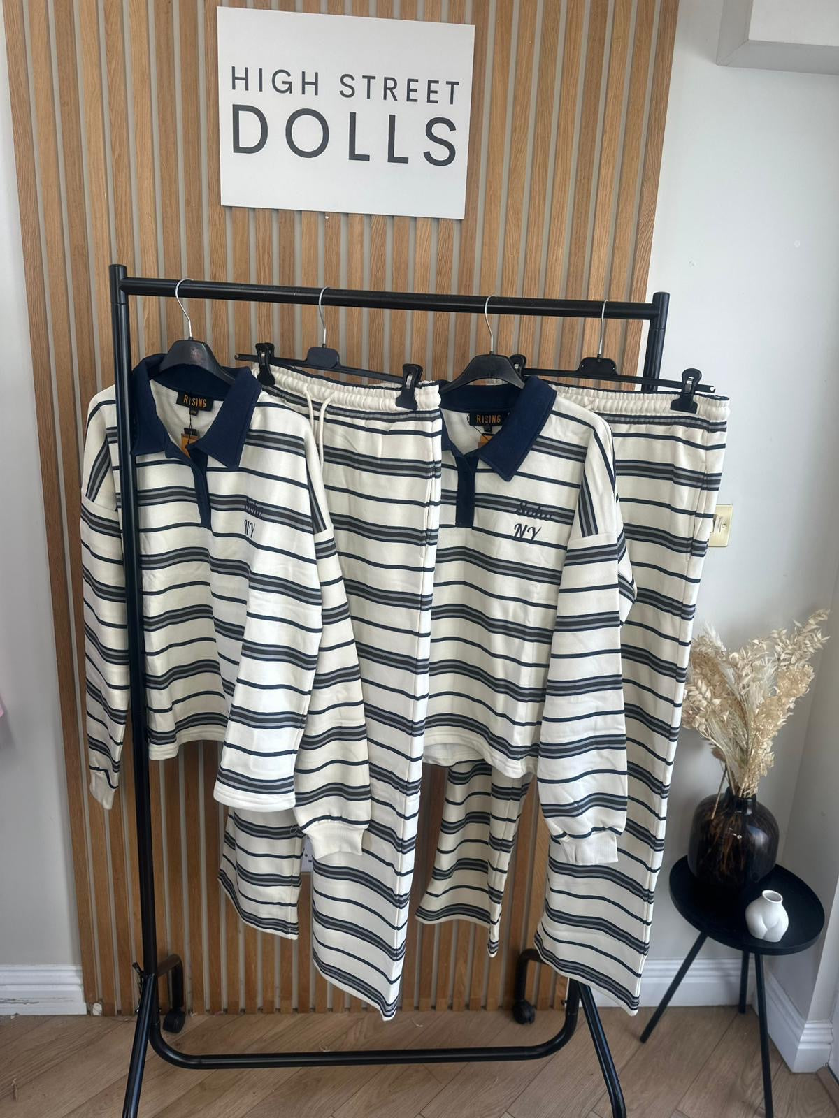Elodie Stripe Lounge Set Cream and Navy Co Ord Rugby Top and Trousers Long Sleeve Loungewear Two Piece Spring Summer Denim Details