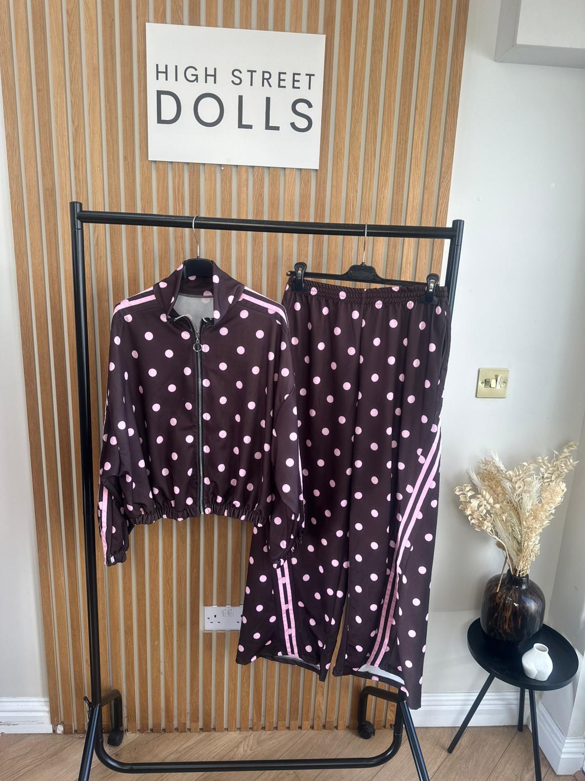 Rouge Polka Dot Bomber Jacket and Wide Leg Trousers Lounge Set Spring Summer Women’s Two Piece Co Ord Trending Viral Print Stripe Detail