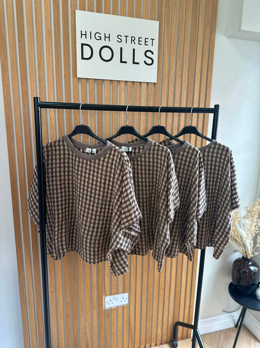 Olive Gingham Oversized T Shirt Short Sleeves Round Neck Top Autumn Fashion