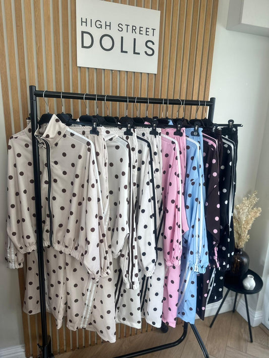 Rouge Polka Dot Bomber Jacket and Wide Leg Trousers Lounge Set Spring Summer Women’s Two Piece Co Ord Trending Viral Print Stripe Detail