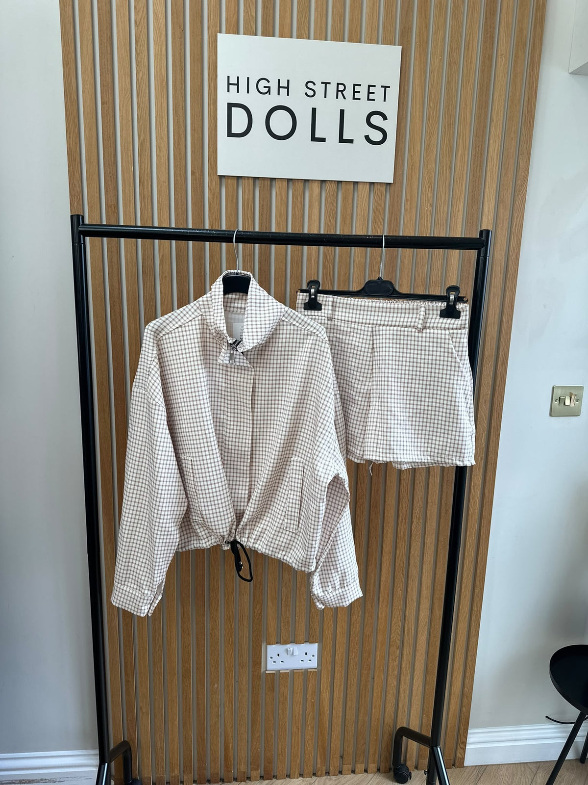 Dolly Gingham Lightweight Jacket and Shorts Set – Women’s Co Ord, Two Piece, Autumn/Winter Layer with Funnel Neckline