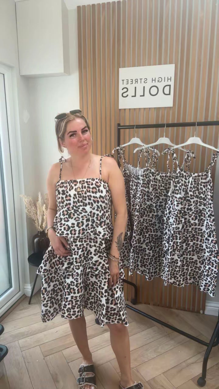 Kira Leopard Print Strap Dress Cheesecloth Ruffle Dress Gathered Short Summer Dress Holiday Beach Casual Daywear