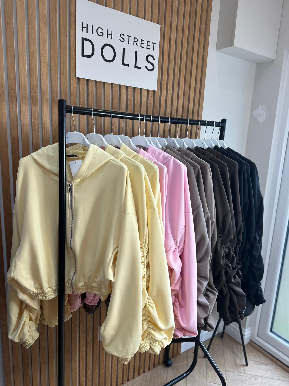 Reene Cropped Ruched Sleeve Hoodie Zip Up Jacket Jersey Spring Summer Winter